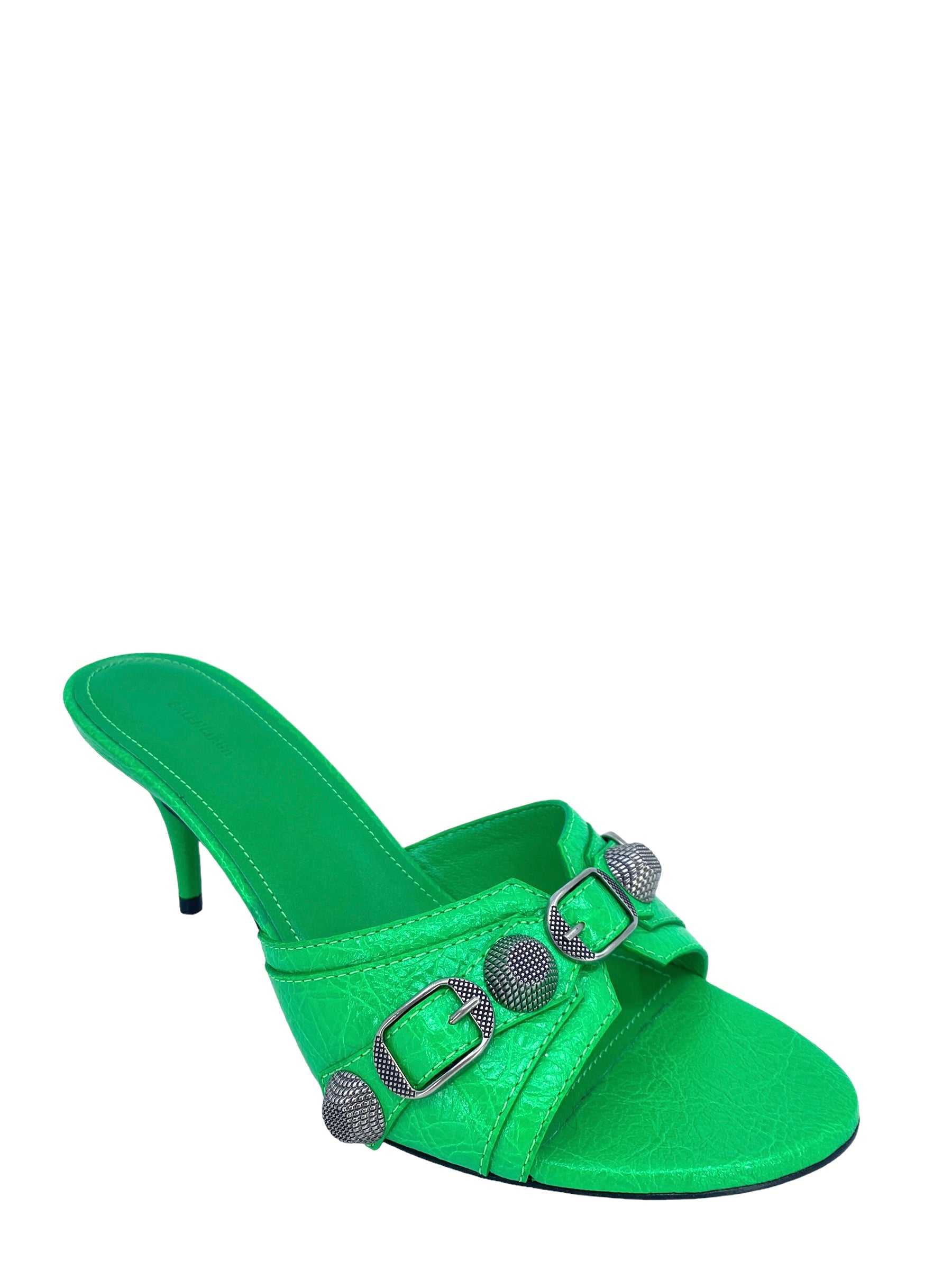 Balenciaga Cagole Embellished Green Leather Mules Size 7