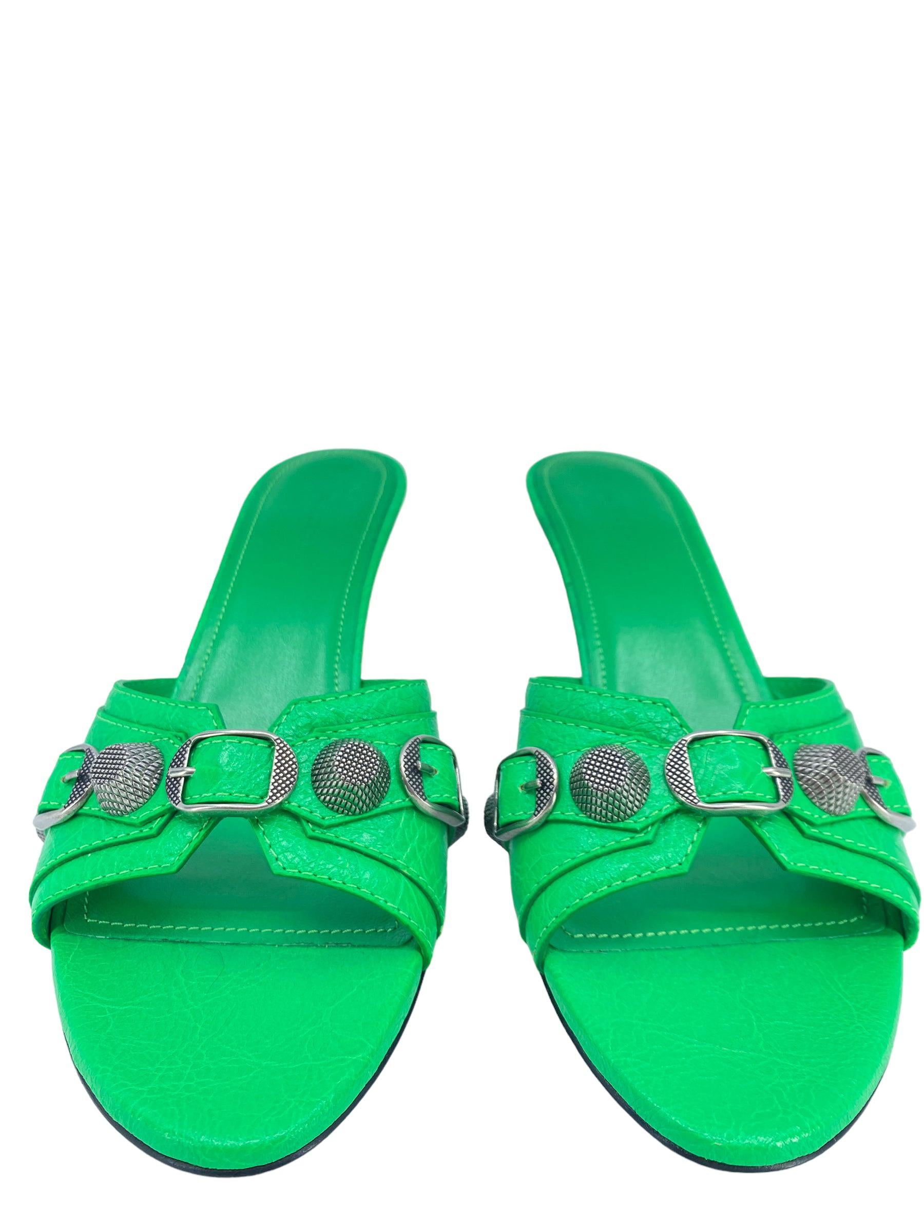 Balenciaga Cagole Embellished Green Leather Mules Size 7