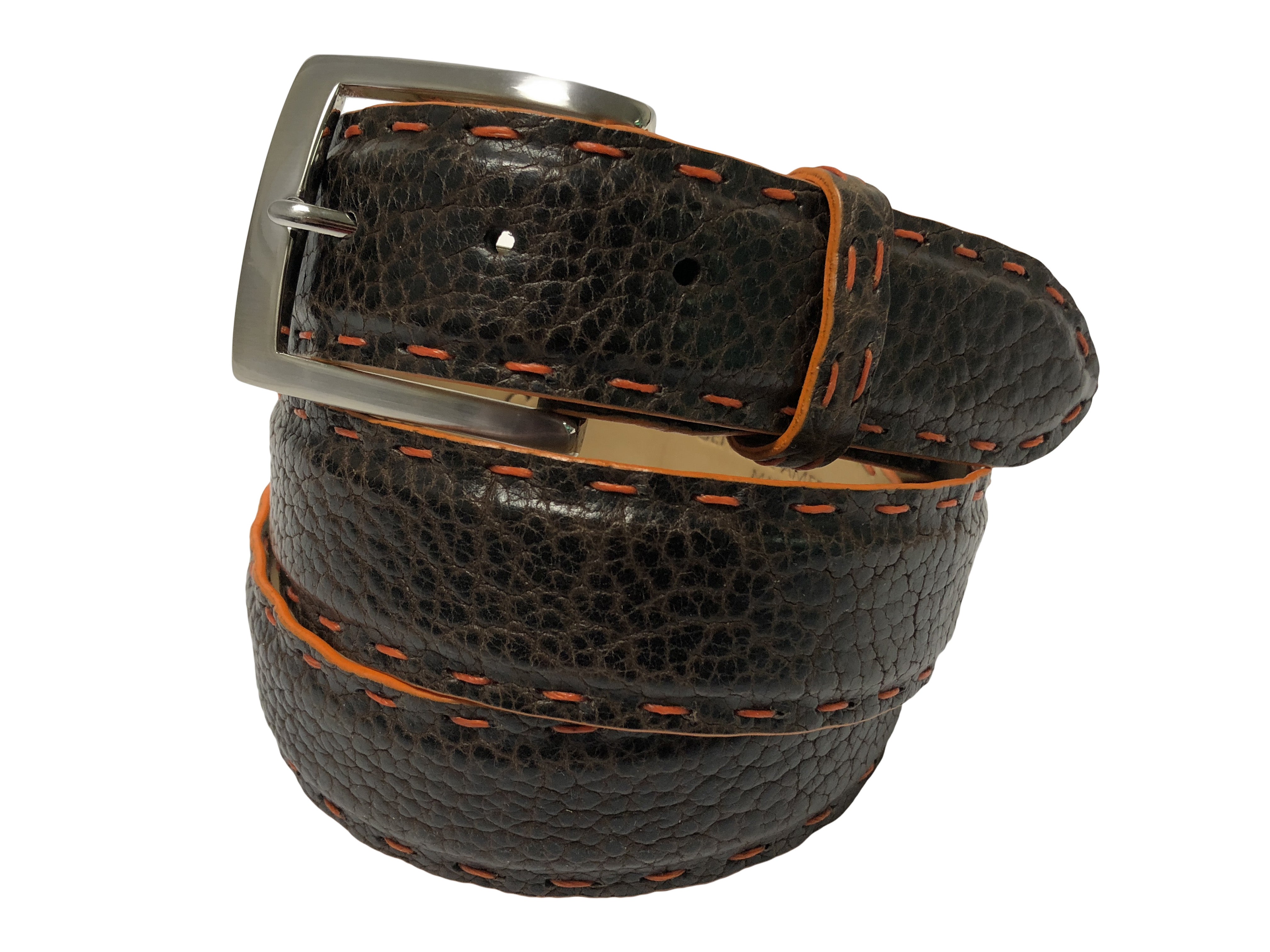 Bison Skin Belt Brown / Orange Pick Stitch