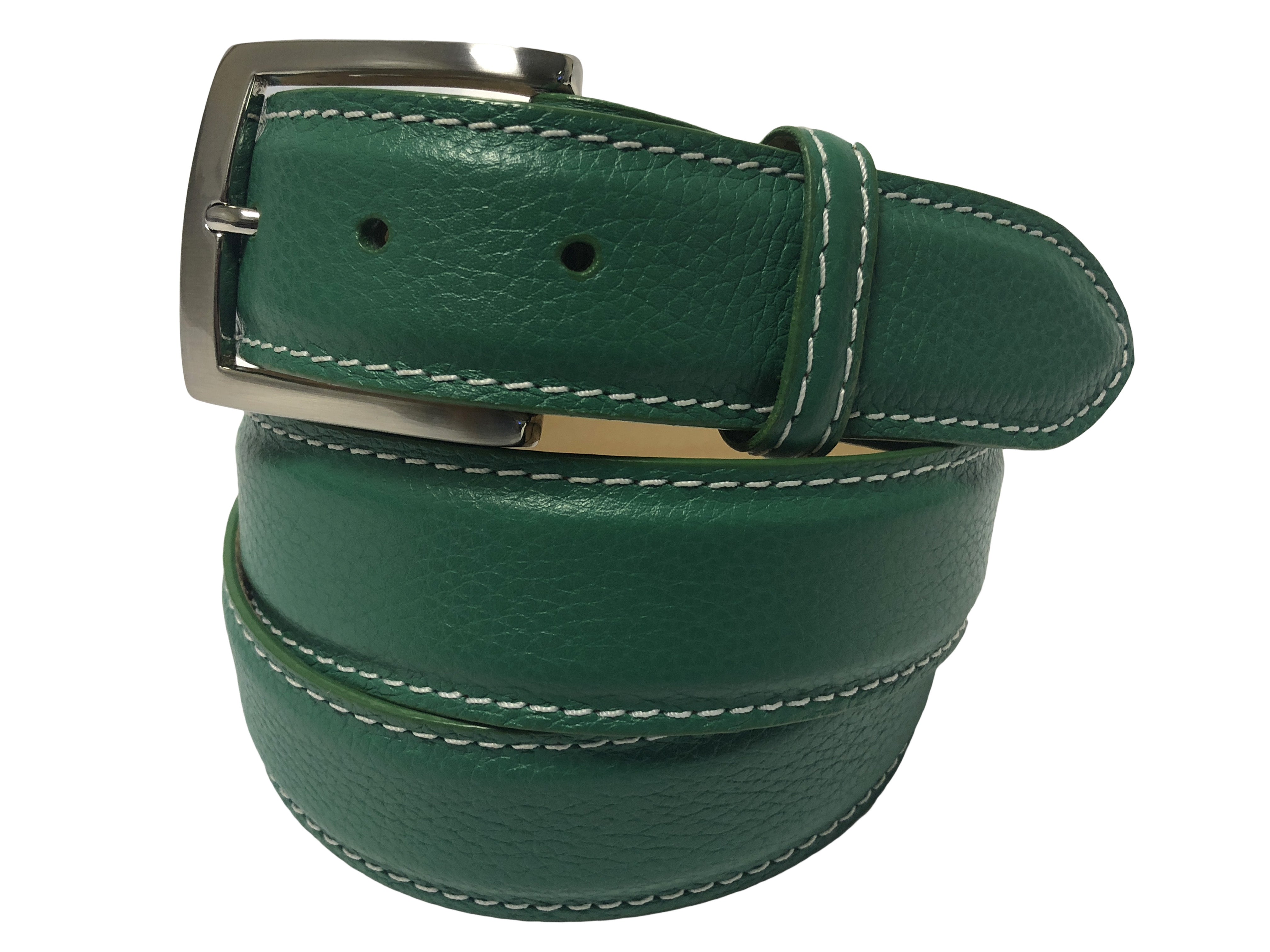 Calf Skin Pebble Belt Green / White Stitch