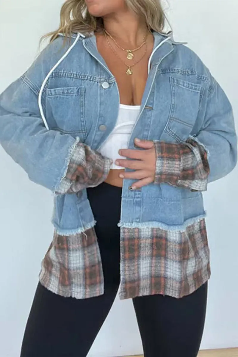 Casual Plaid Draw String Turndown Collar Outerwear