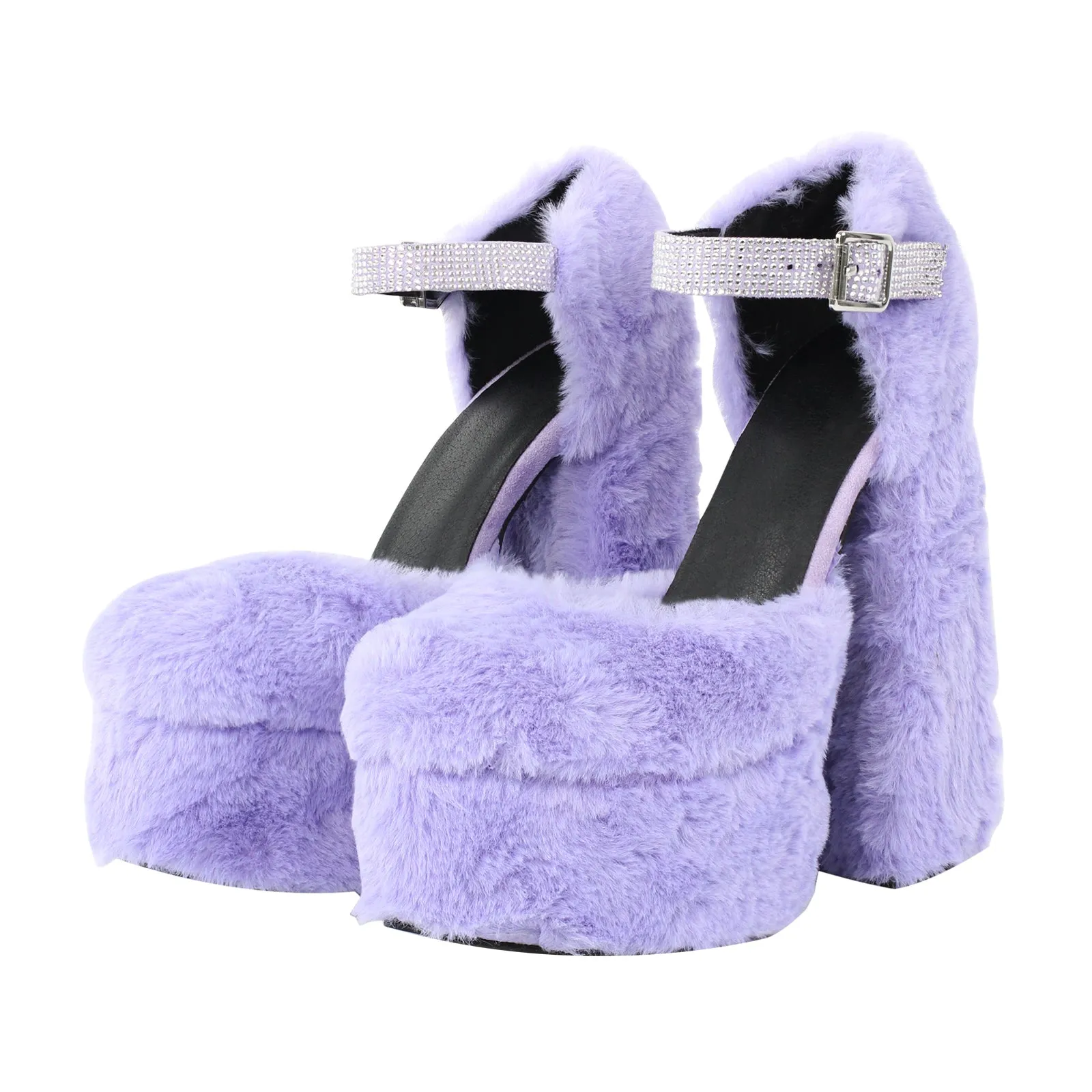 Chunky Heel Ankle Strap Fur Mary Jane Pumps