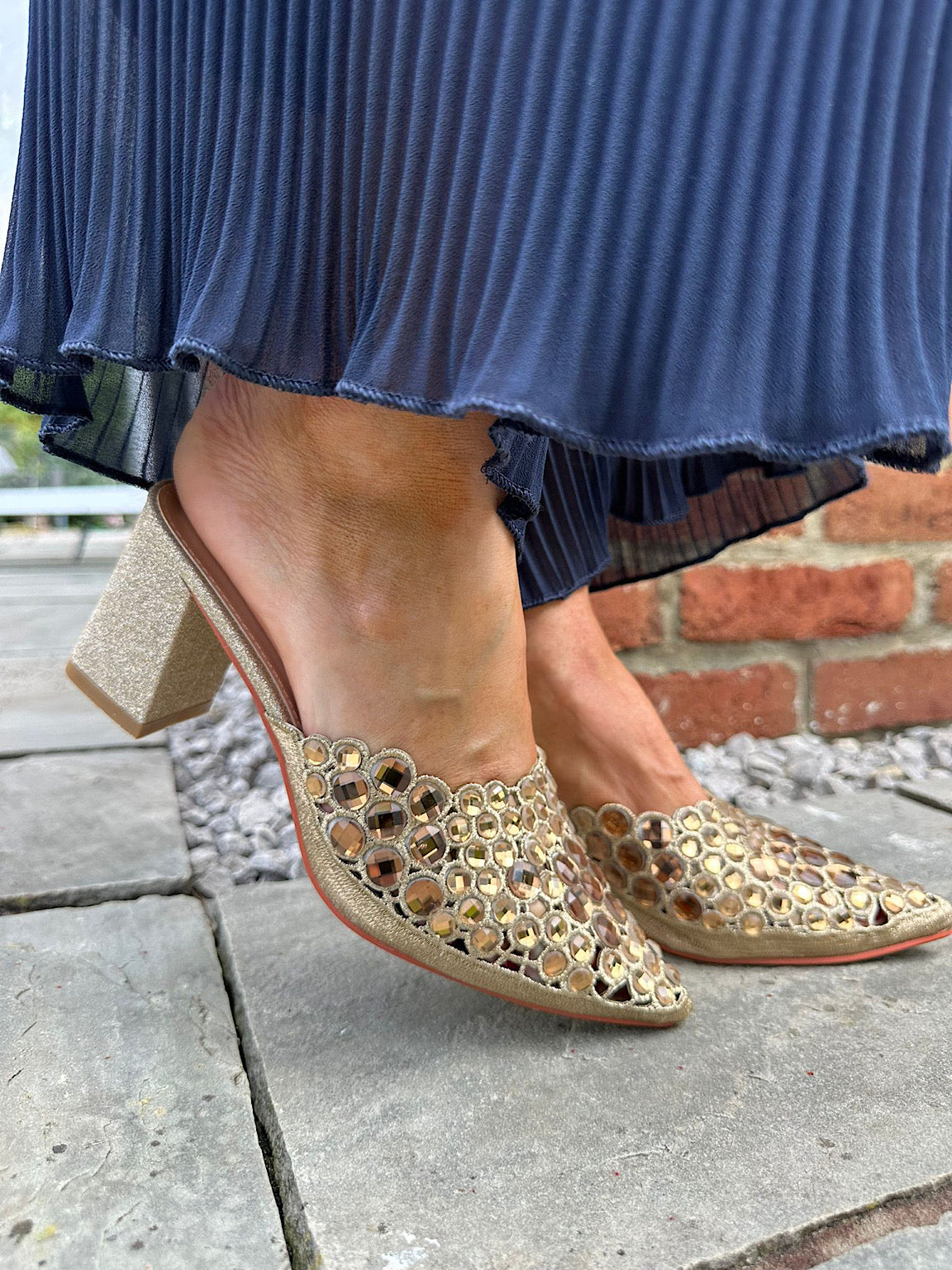 Gold Gemstone Shimmer Block Heel Shoes