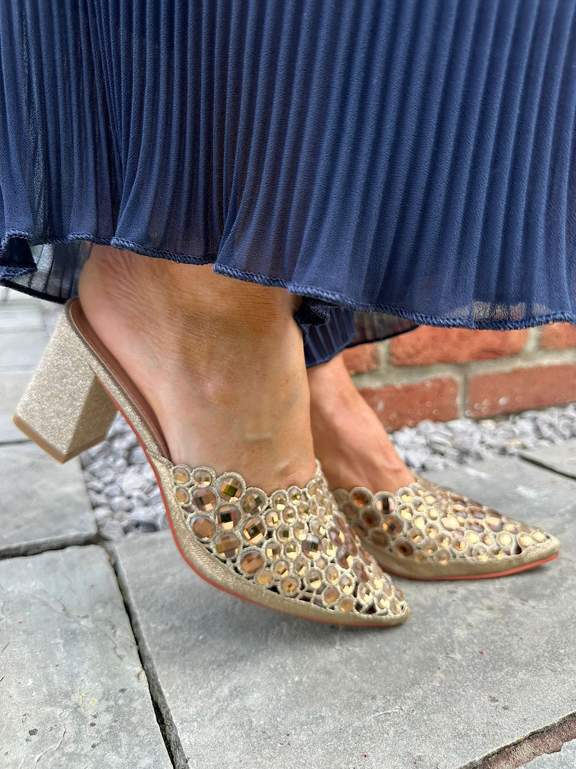 Gold Gemstone Shimmer Block Heel Shoes