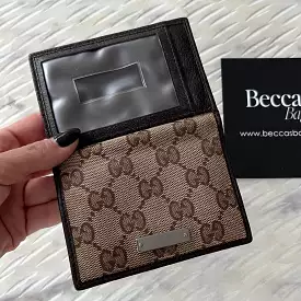 GUCCI Ebony Beige GG Canvas and Leather BI Fold Compact Cardholder