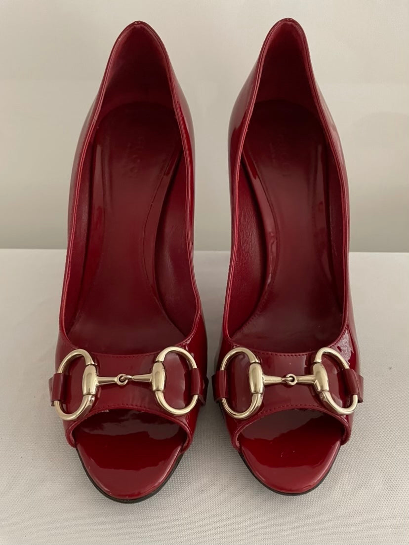 GUCCI Red Horsebit Potent Peep Toe Pumps