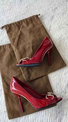 GUCCI Red Horsebit Potent Peep Toe Pumps