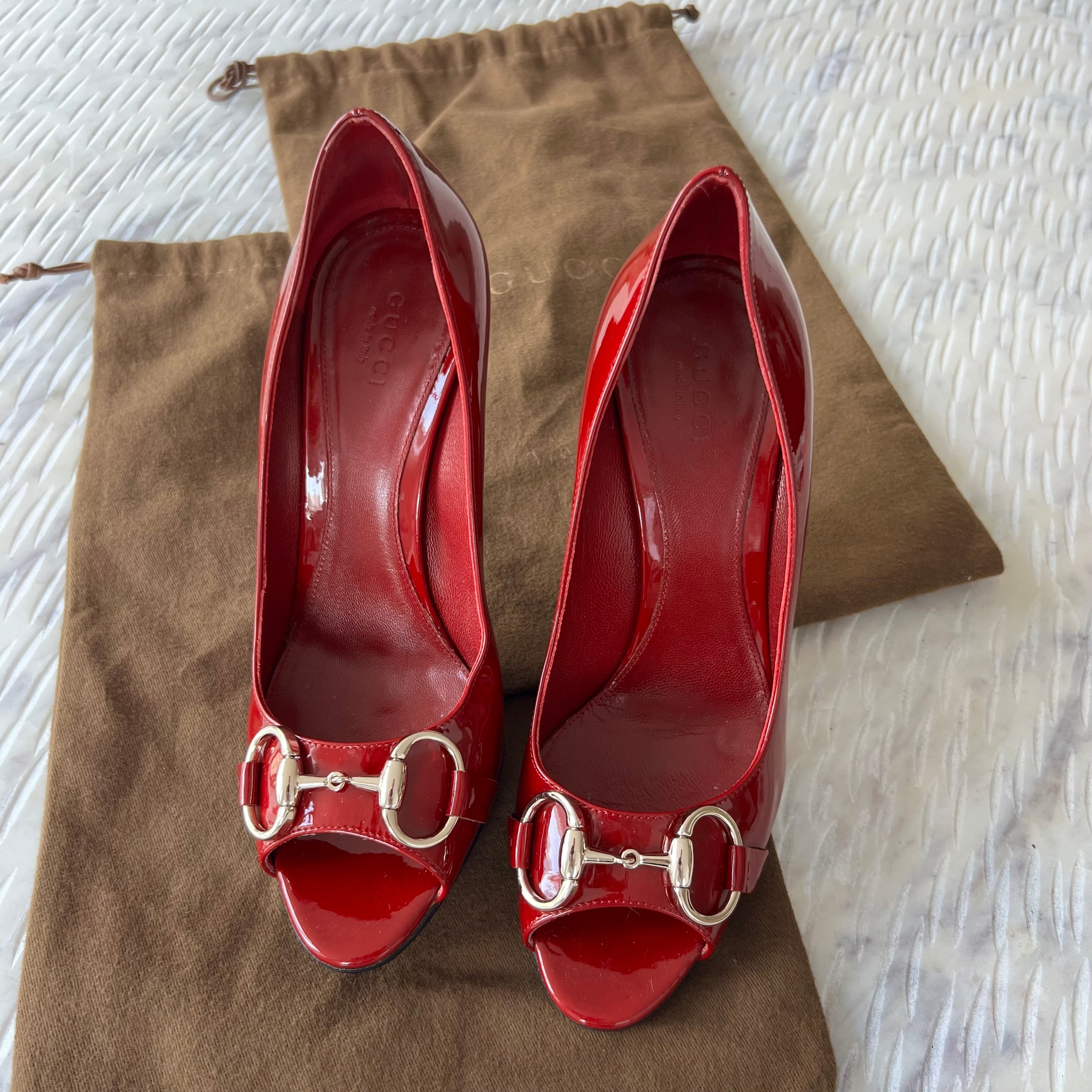 GUCCI Red Horsebit Potent Peep Toe Pumps