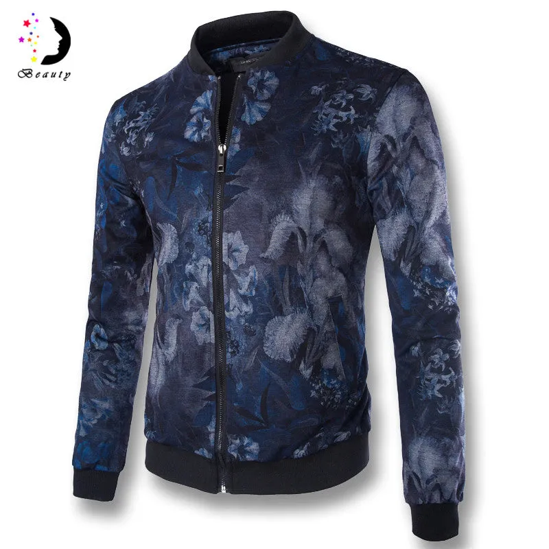 Men's Baseball Jackets Flower Print Men Slim Fit Outdoors Polyester Coats Casual Down Overcoat Big Size SM6