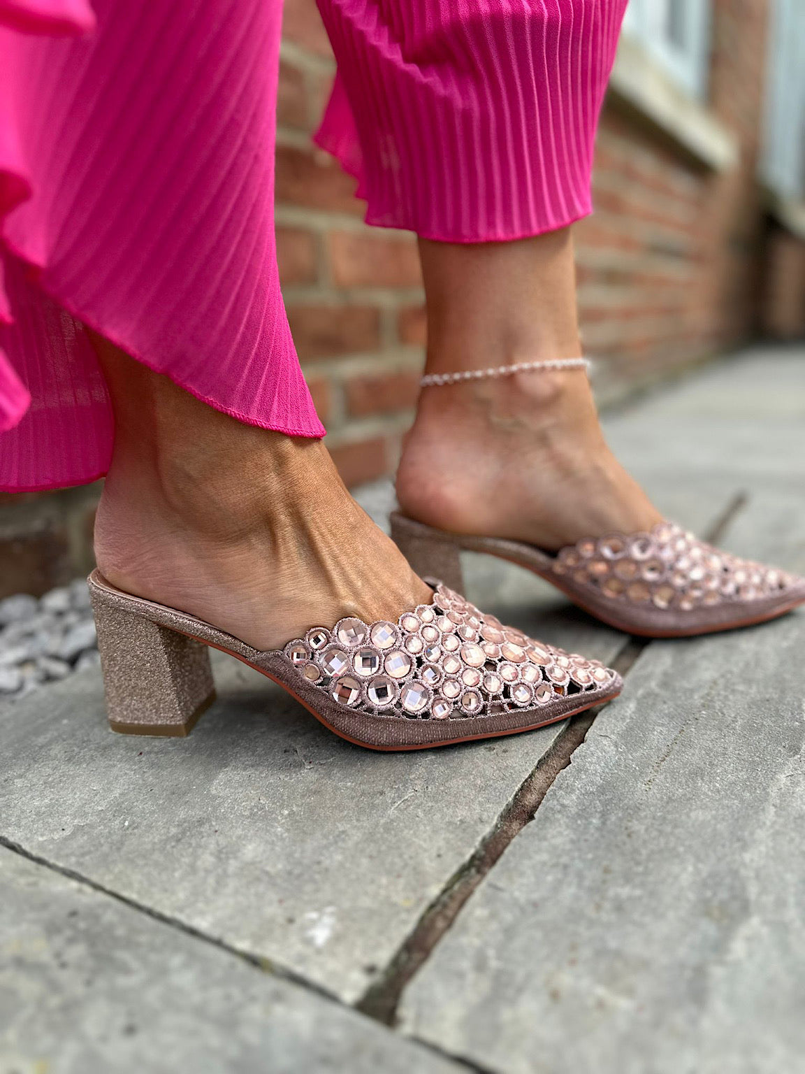 Pink Gem Stone Shimmer Block Heel Shoes