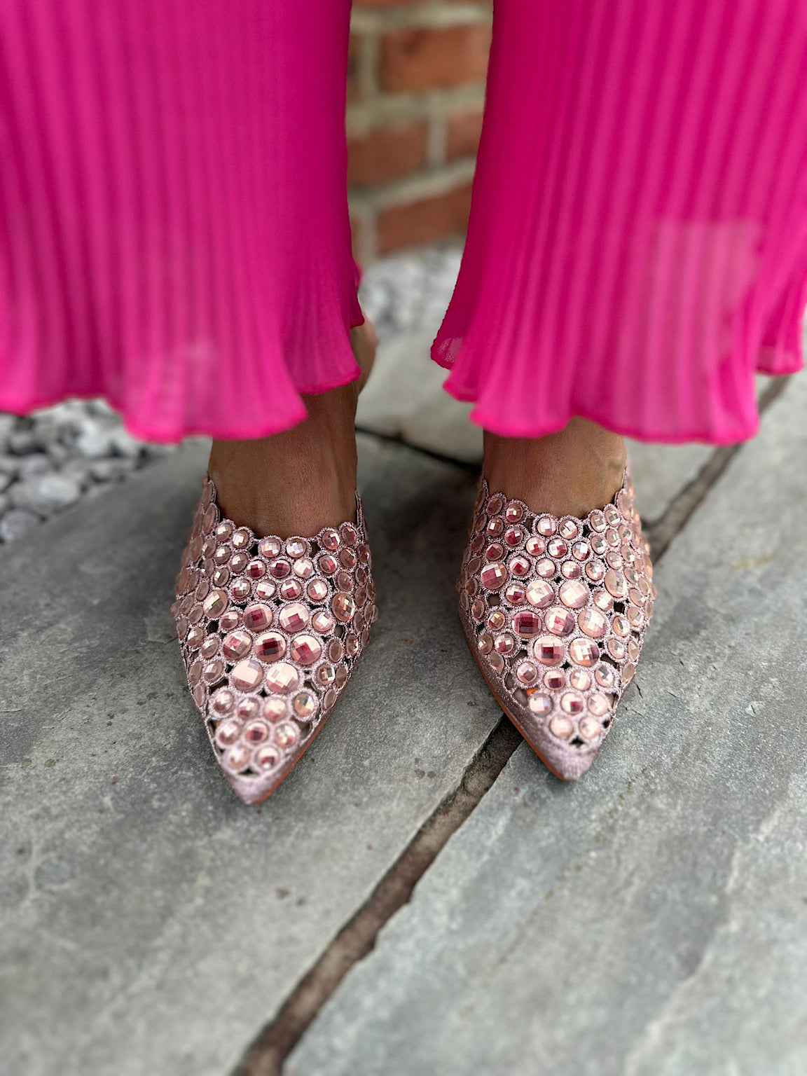 Pink Gem Stone Shimmer Block Heel Shoes