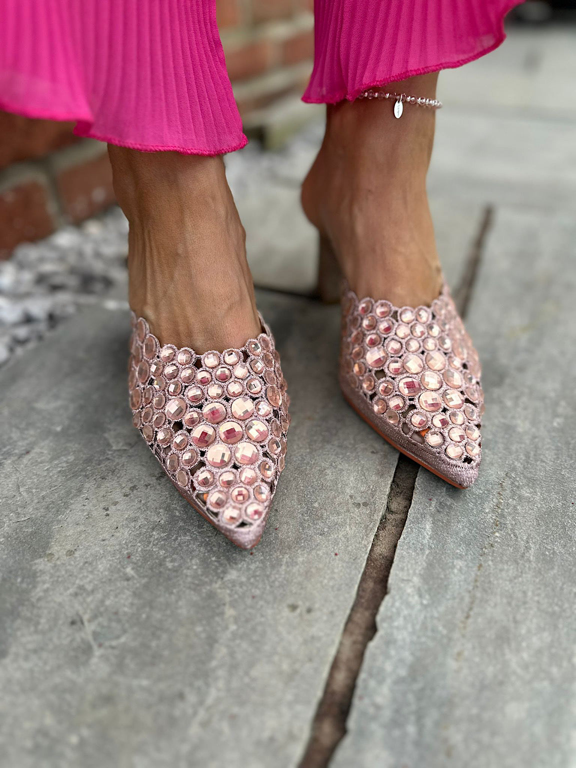 Pink Gem Stone Shimmer Block Heel Shoes