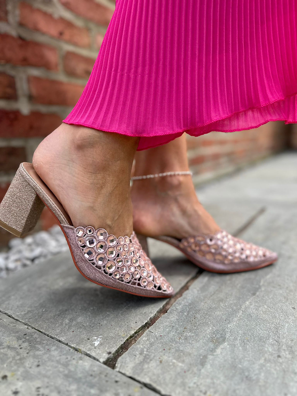 Pink Gem Stone Shimmer Block Heel Shoes