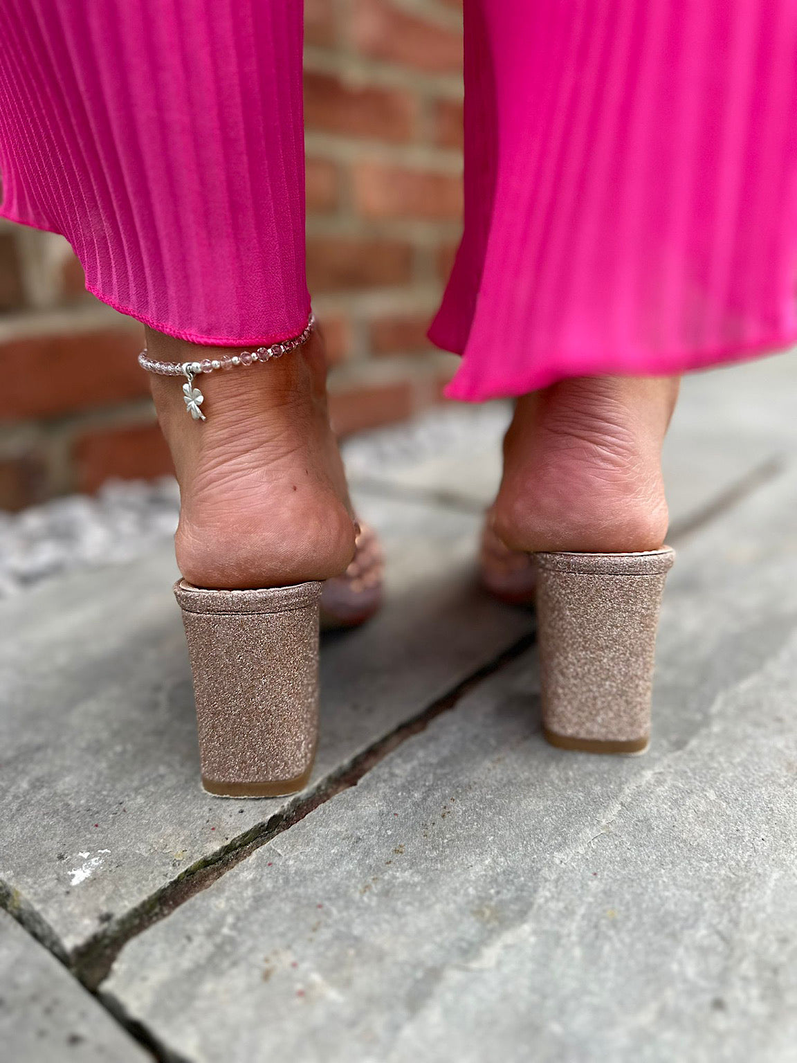 Pink Gem Stone Shimmer Block Heel Shoes