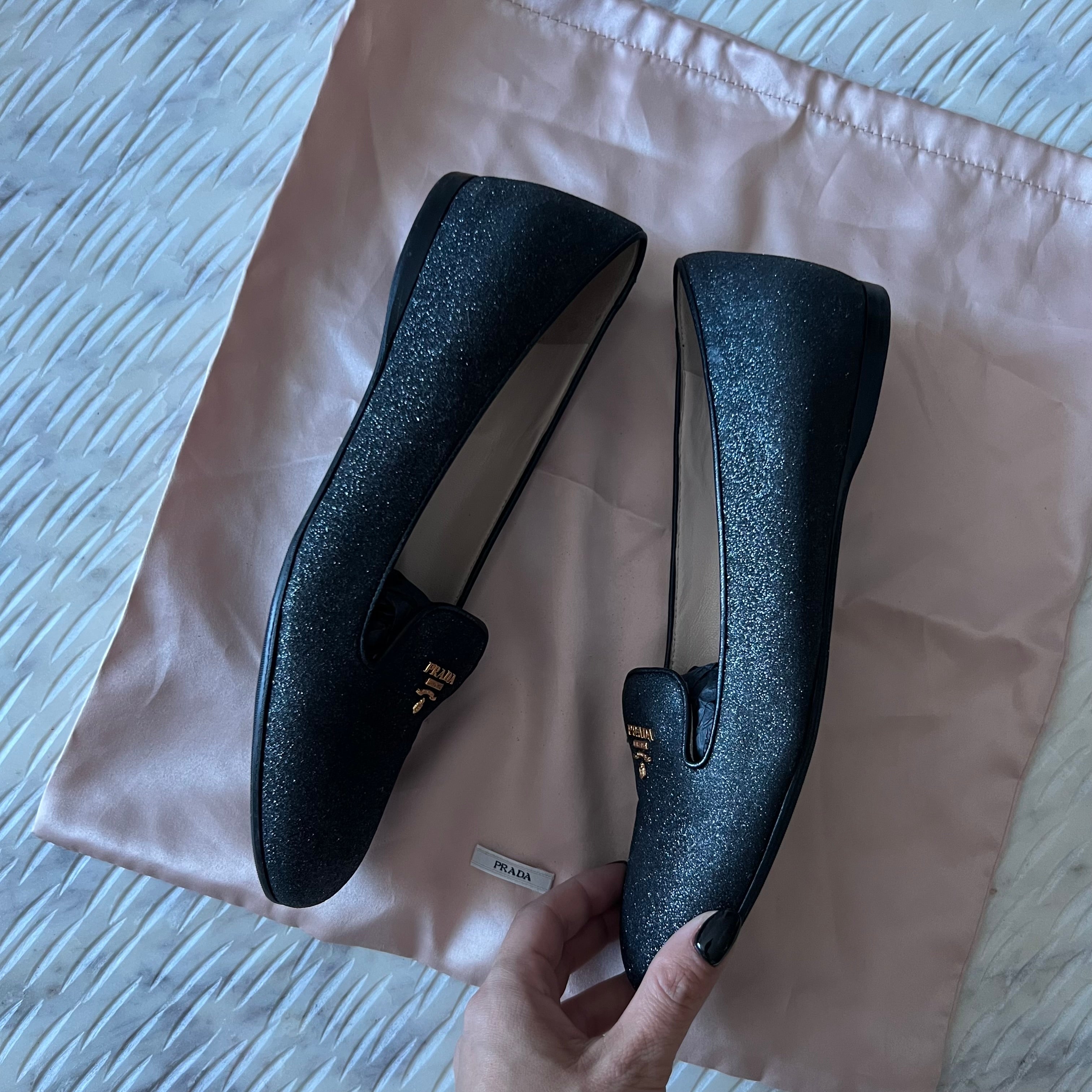 Prada Black Glitter Leather Smoking Slipper Loafer