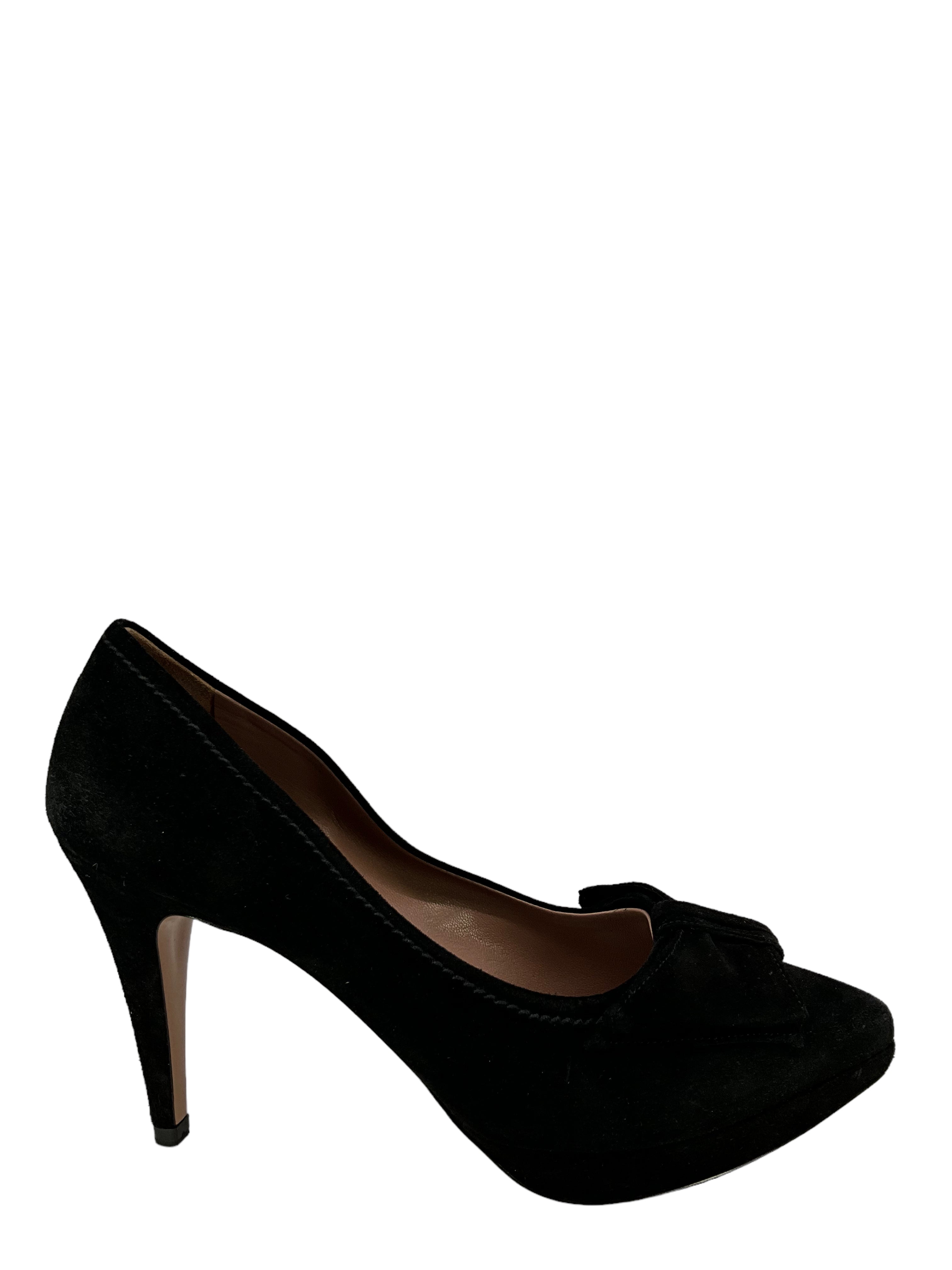 Prada Black Suede Platform Pumps With Bow Size 8.5