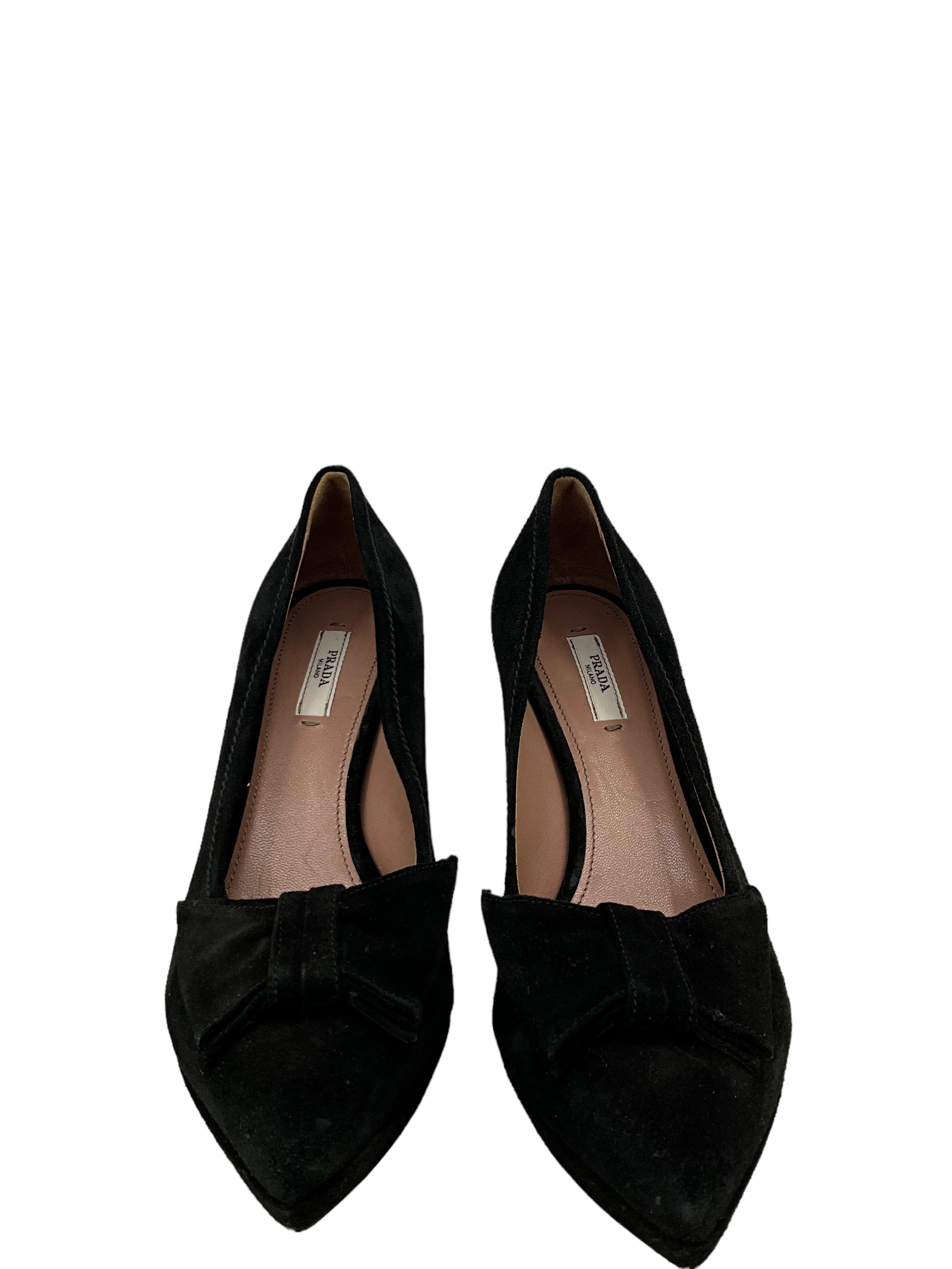 Prada Black Suede Platform Pumps With Bow Size 8.5