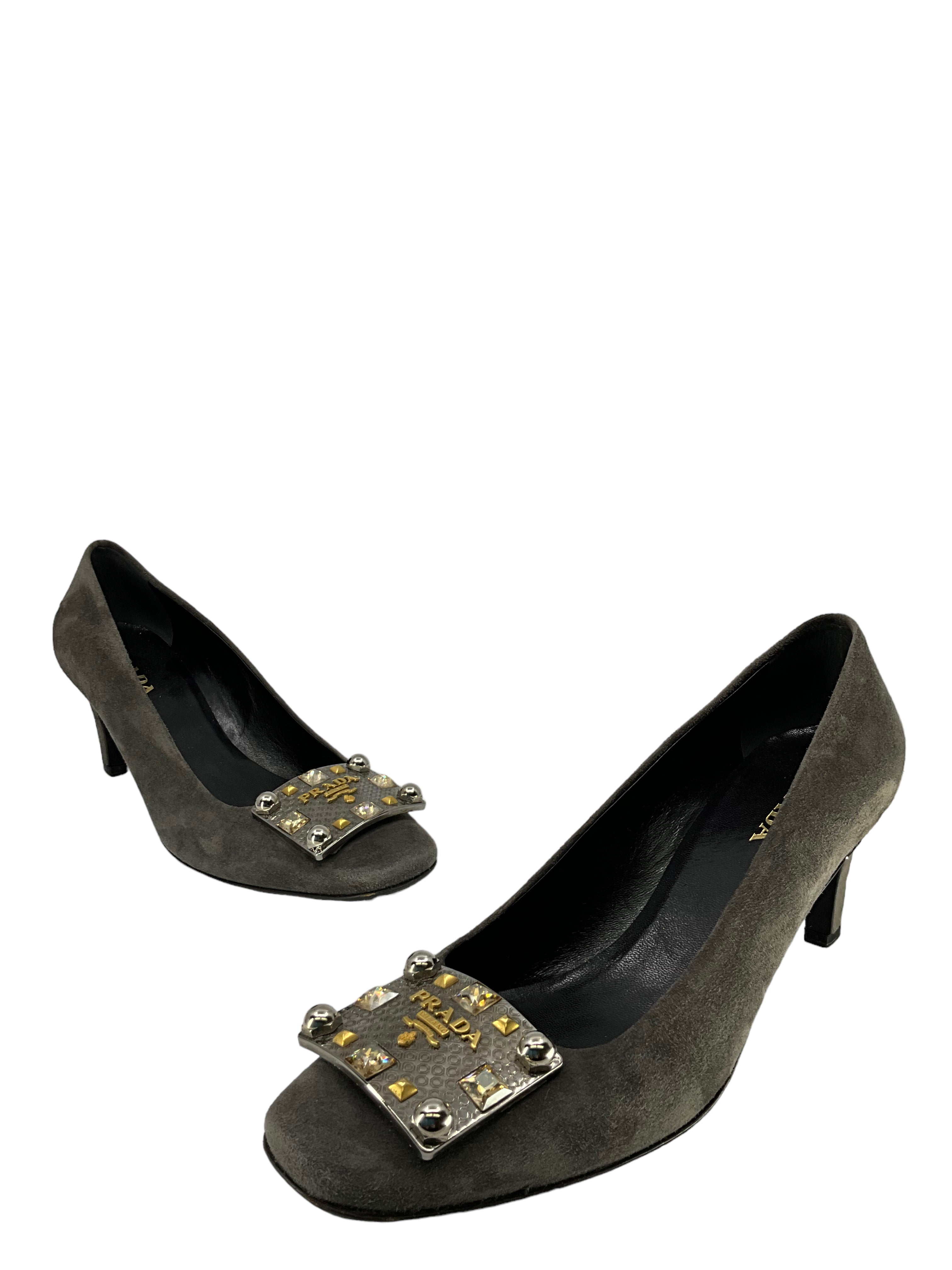 Prada Gray Suede Embellished Pumps Size 9