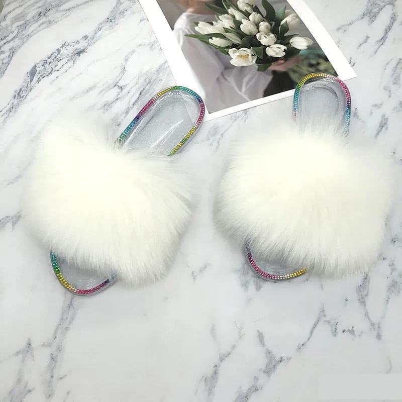 Summer Casual White Synthetic Fur Crystal House Slippers for Women