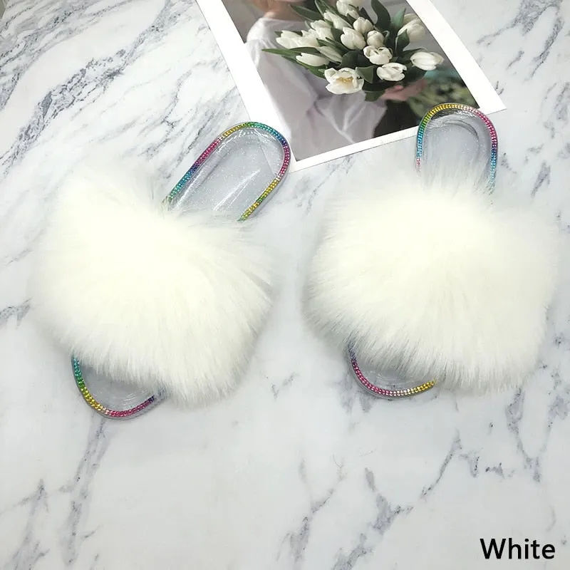 Summer Casual White Synthetic Fur Crystal House Slippers for Women