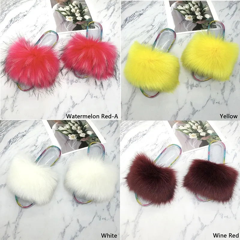 Summer Casual White Synthetic Fur Crystal House Slippers for Women