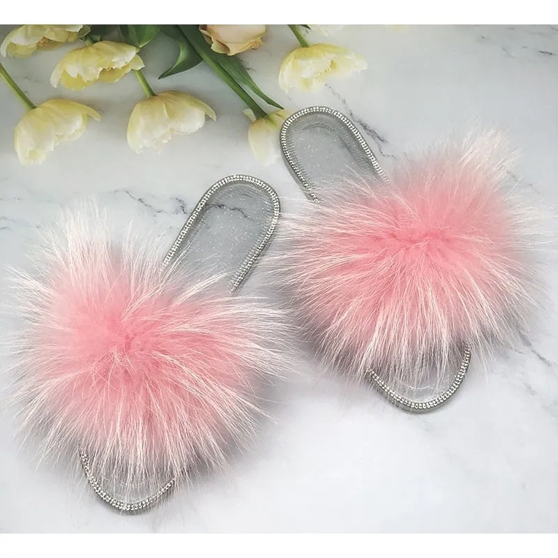 Women's Summer Real Fur Transparent Beach Slides Flip Flop House Slippers