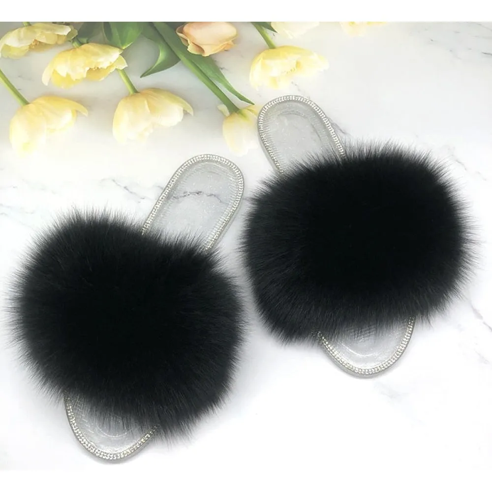 Women's Summer Real Fur Transparent Fluffy Slides Flip Flop House Slippers