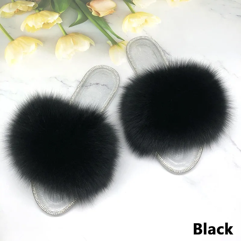 Women's Summer Real Fur Transparent Fluffy Slides Flip Flop House Slippers