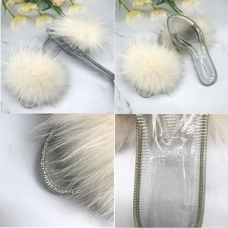 Women's Summer Real Fur Transparent Fluffy Slides Flip Flop House Slippers