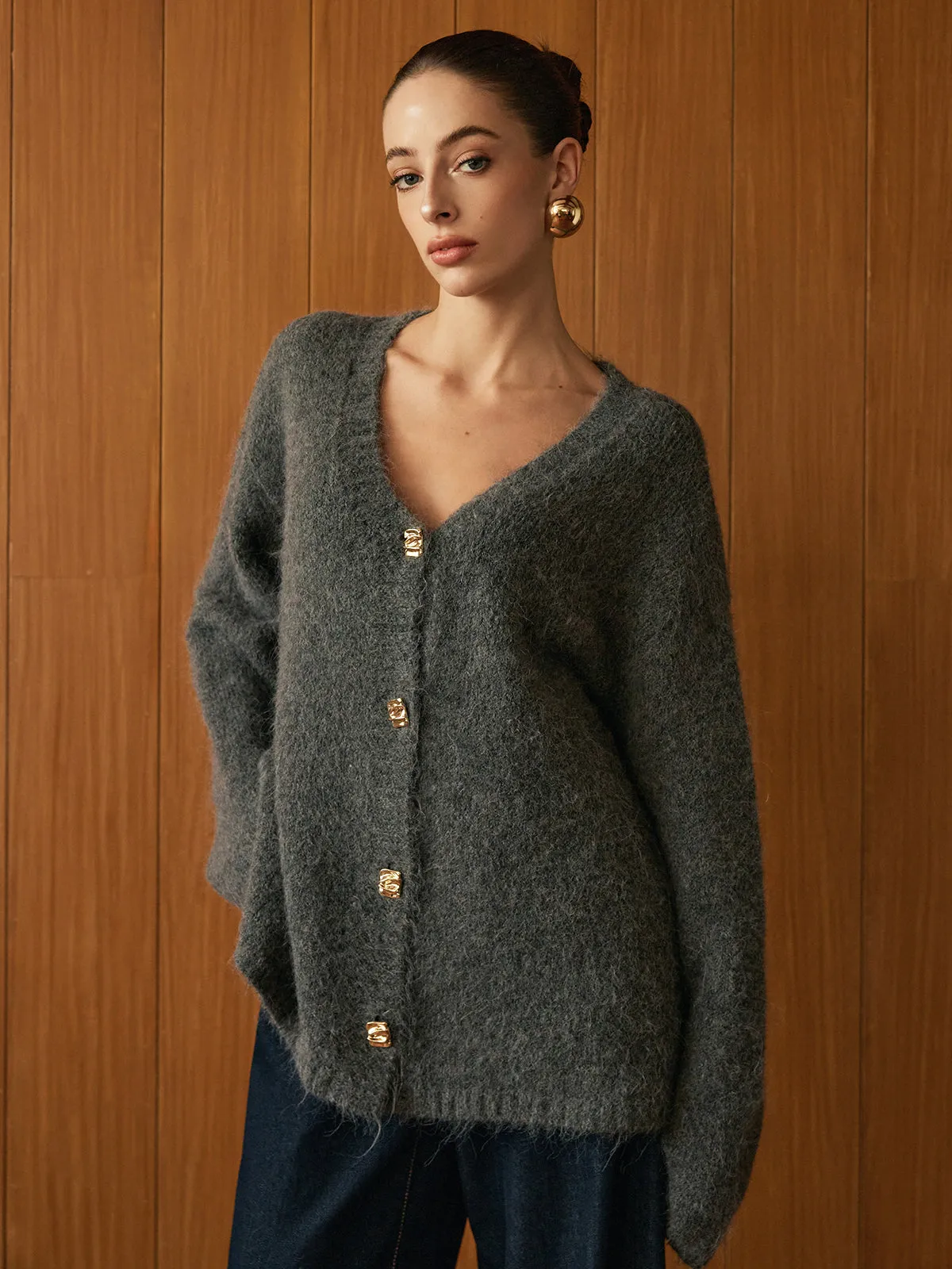 Wool-Blend Metal Button Knit Outerwear