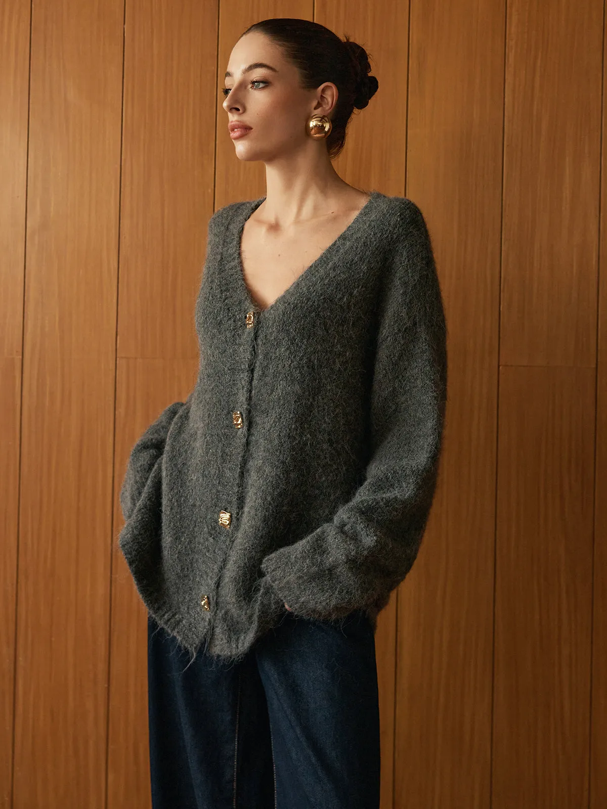 Wool-Blend Metal Button Knit Outerwear